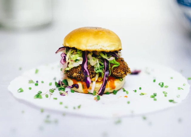 burger on a bun with red cabbage